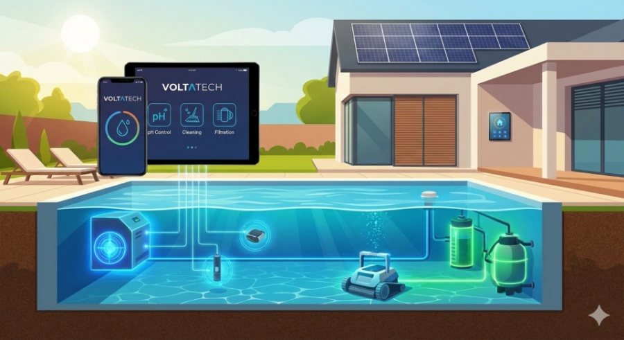 Sistema domótico gestionando la piscina desde app móvil